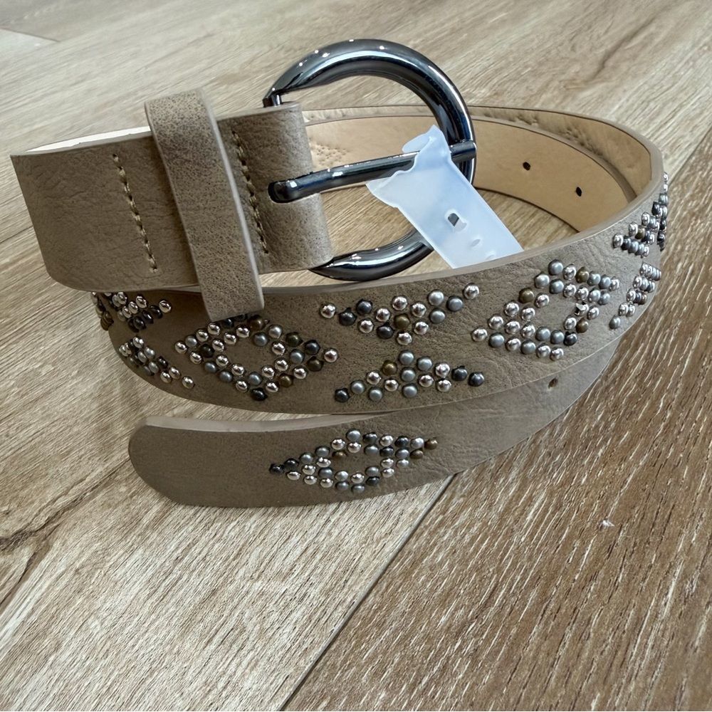 NEW Boho Western Geometric Studded Vegan Leather Belt Khaki - Picture 3 of 8